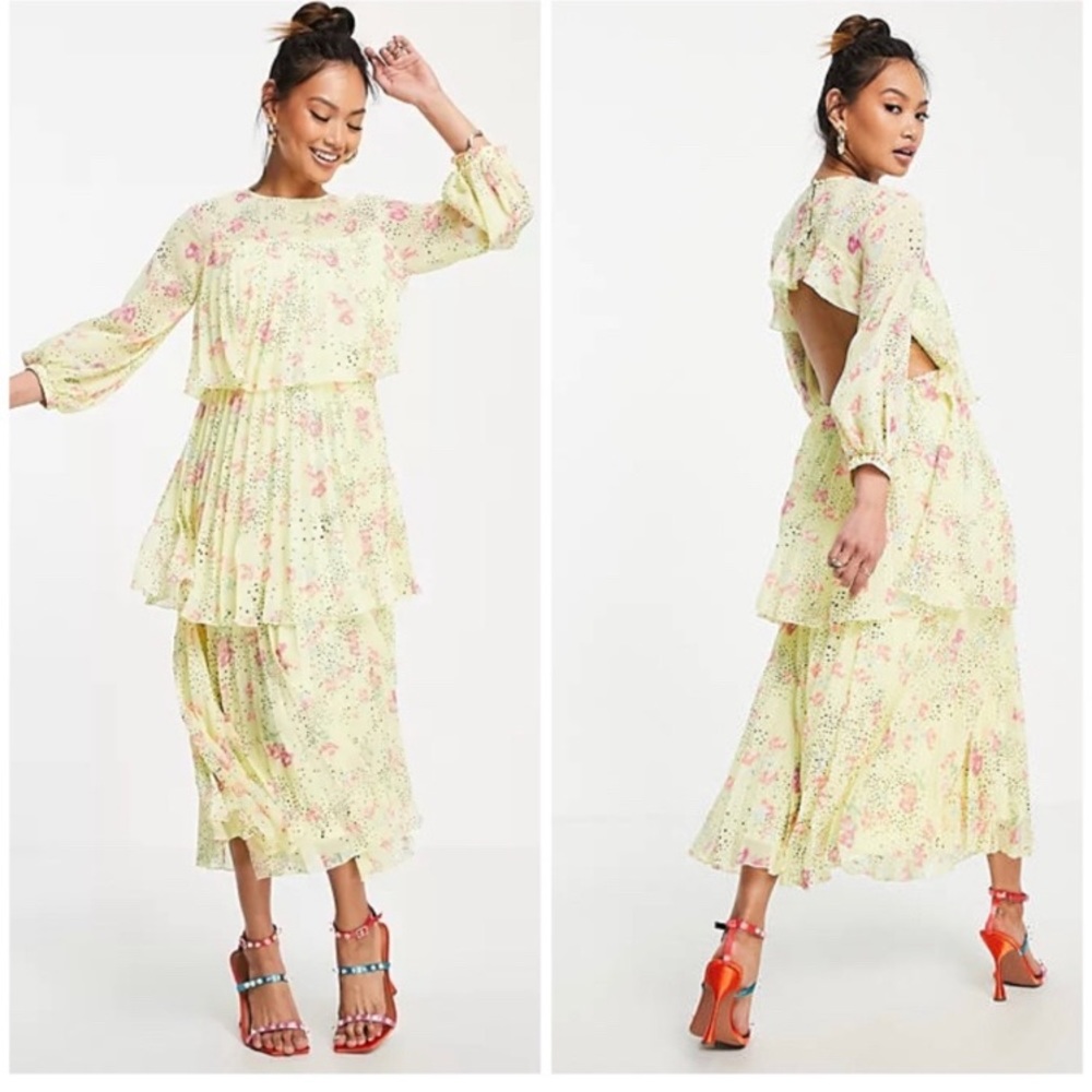 BNOWT ASOS DESIGN Pleated tiered open back floral midi dress, Size 6